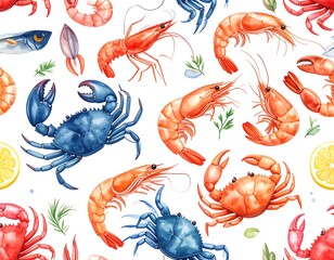 Seamless pattern of watercolor seafood, shrimp, crabs, fish, & lemon slices on white
