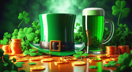 Fototapeta premium Green top hat, green beer, gold coins, and shamrocks on a wooden table for St. Patricks Day celebration. Traditional Irish festive decoration.