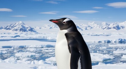 Obraz premium A curious Gentoo penguin looks intently towards the left, standing proudly against a majestic Antarctic landscape of ice and mountains.