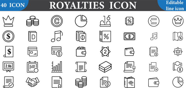 Royalties icon set with various business and finance symbols isolated on white background for royalty free use
