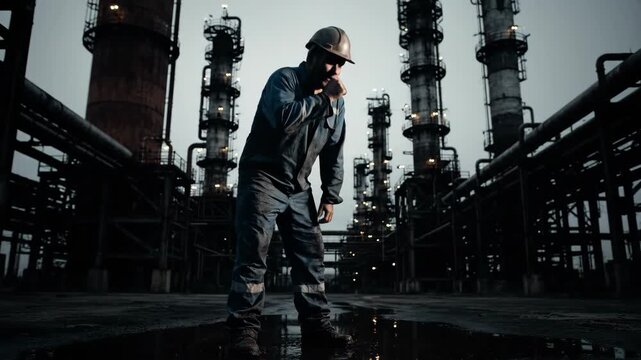 A lone worker wearing a hard hat inspects equipment at a vast industrial complex under an overcast sky Smoke billows from towering structures