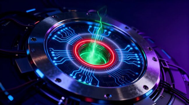 Futuristic Energy Core with Glowing Green Light and Digital Circuit Board. 4k slow motion