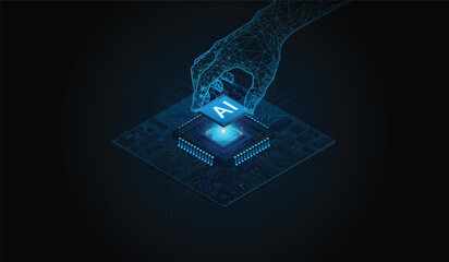 Artificial Intelligence (AI) chip integration on motherboard by robotic digital hand. Isometric vector illustration of a glowing AI processor being installed into a circuit board. Concept for machine 