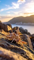 Seashell with spikes on a rocky shore with a landscape view in background at dusk