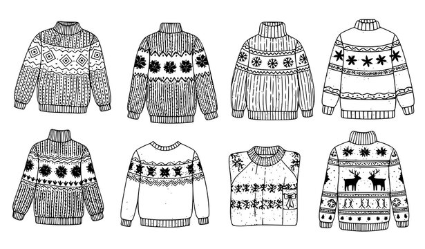 Hand-sketched Christmas knitted sweater vector set wool pullovers festive winter doodles