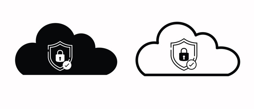 Cloud Security Shield Padlock Cybersecurity Data Protection Flat Glyph Outline Icon Set Vector