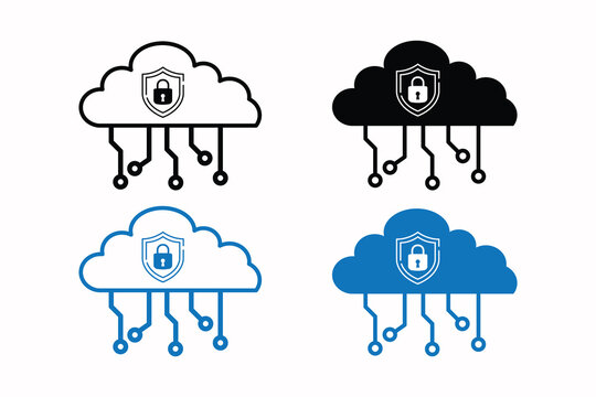 Cloud Security Shield Padlock Cybersecurity Data Protection Flat Glyph Outline Icon Set Vector