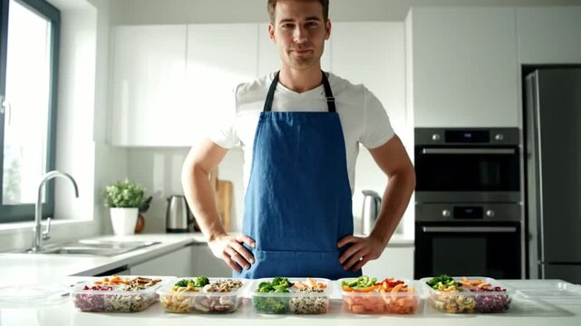Smiling man in blue apron showcasing assorted healthy meal prep containers in modern kitchen