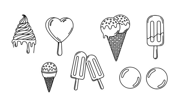 Hand drawn ice cream doodle elements vector set melting scoops waffle cone and ice lolly