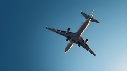 Obraz premium Low Angle Rear View of Commercial Passenger Airplane Flying Overhead with Clean Sky Copy Space