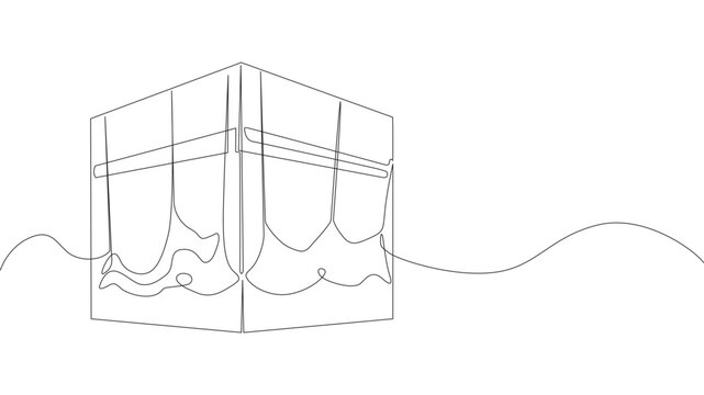Continuous line drawing of kaaba mecca. Single line illustration of the Islamic Kaaba. Umrah, a holy place concept. Editable outline. 