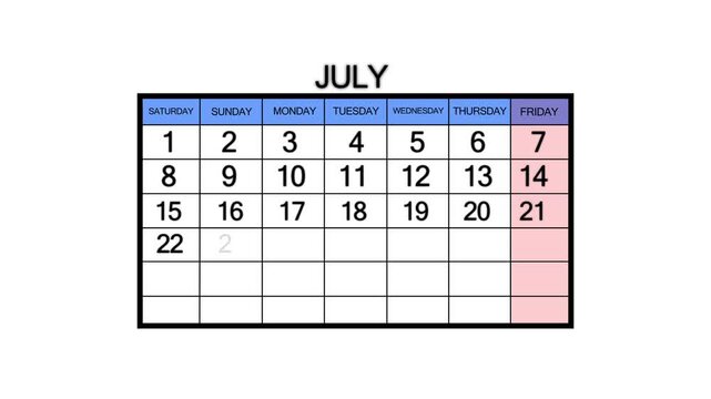 A clean and simple representation of the month of July displayed on a calendar grid with numbered days and colored headers for weekend and weekdays on a