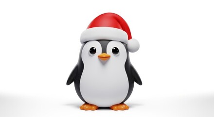 Fototapeta premium A charming 3D rendered cartoon penguin, perfectly isolated, cheerfully wears a classic red Santa hat on a clean white background.
