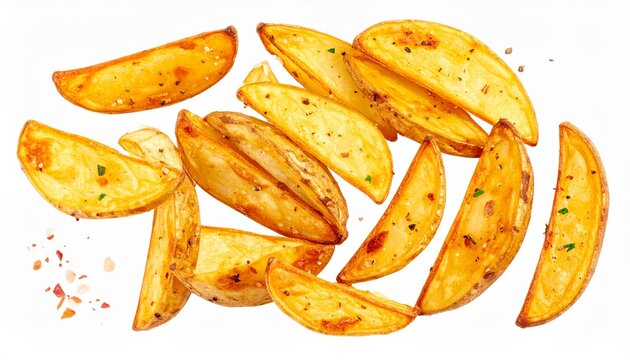 potato wedges on white background, top view, crispy potato wedges isolated on transp