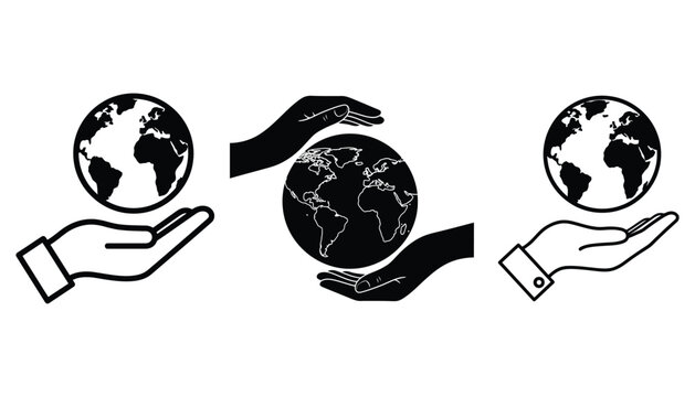 Set of hands holding planet earth icons