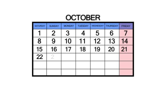 October monthly calendar grid displaying the first two weeks with days of the week in blue and pink accents on a white background