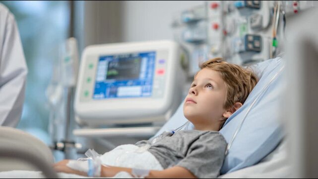 Young male patient resting in a modern hospital room with medical equipment in the background