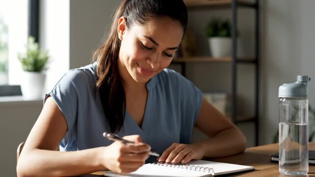 Young woman writing notes student learning process Creative female author journaling thoughts Business professional planning schedule Home office productivity concept Clear water bottle desk