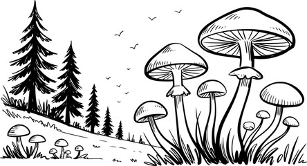 Hand drawn forest scene with pine trees and various mushrooms a white background