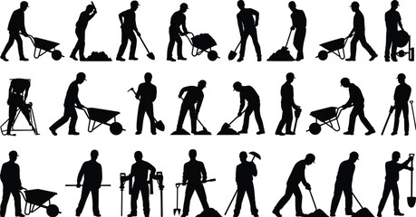 Construction laborer silhouettes set, workers with shovel wheelbarrow and tools, manual work collection isolated on white © MdAminur