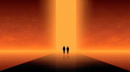 Fototapeta premium Two Figures Silhouetted Against A Bright Orange Vertical Light Beam Over Reflective Water At Sunset