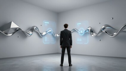 Obraz premium Businessman observing futuristic digital interface and flowing metallic sculpture in a modern room