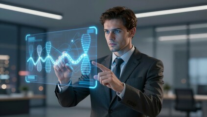 Obraz premium Businessman interacting with a futuristic holographic display showing DNA and graph data