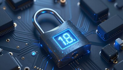 Fototapeta premium A digital padlock with glowing blue numbers displays security on a circuit board