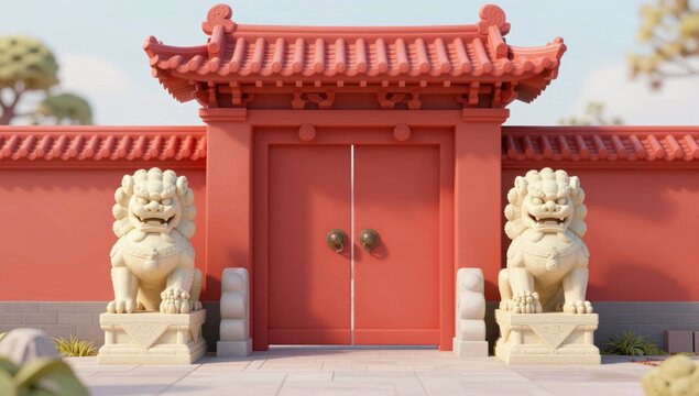 Ornate red gates flanked by traditional stone lion statues under a pagoda roof