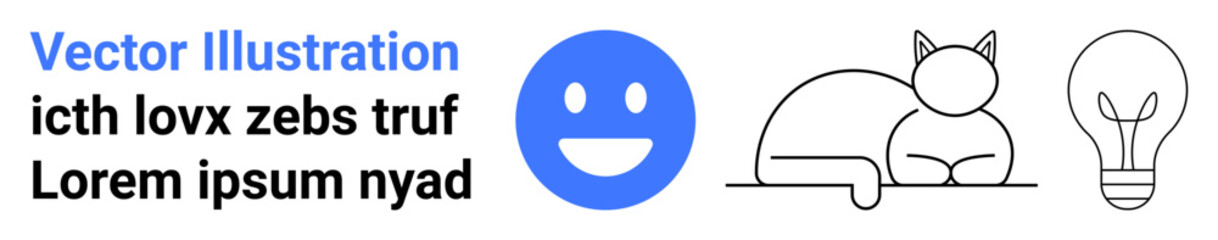 Emotions, creativity, design ideas, minimalism, branding, positivity. A blue happy face, a line art cat and a light bulb next to placeholder text. Emotions and creativity concept © robu_s