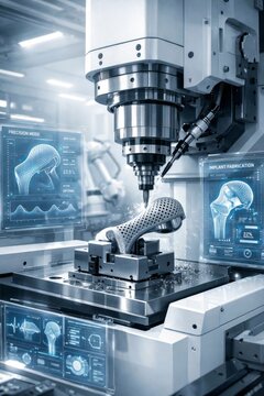 Advanced CNC machining center works on a complex metal implant while holographic screens display real-time data, ideal for medical technology, innovation, and smart manufacturing concepts.