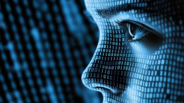 A human face profile overlaid with binary code in blue. One eye is in focus, the skin seems synthetic