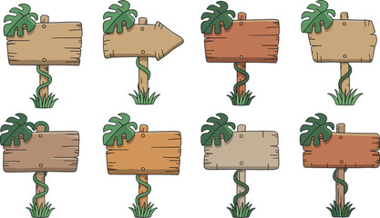 Cartoon wooden signboard set with tropical leaves and vines, rustic direction boards flat vector illustration collection ©  Alexander Creations