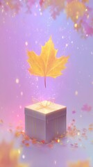 Golden Maple Leaf Above Gift Box In Pastel Colors