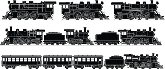Steam locomotive silhouette vector set, black white clipart of coal tenders passenger railway transport vintage train, rail illustration artwork bundle © MdMahmudul