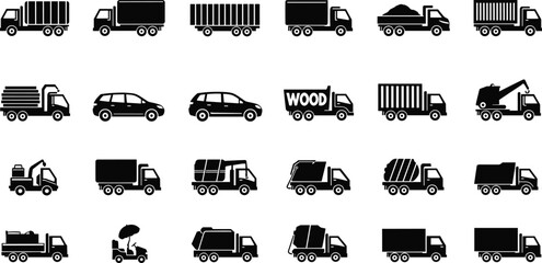 Truck silhouette vector set, black white clipart of cargo dump garbage cement mixer utility transport vehicles, construction illustration artwork bundle © MdMahmudul