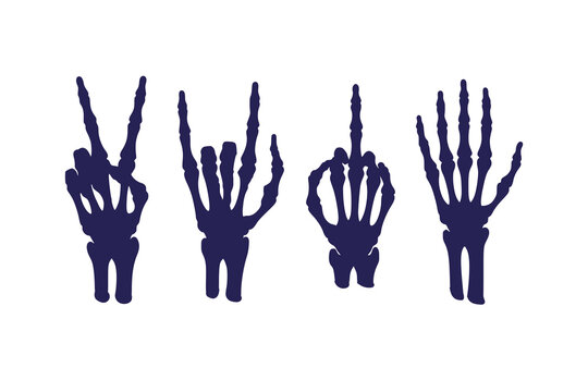 Skeleton hand gesture vector illustration set. Bone hand poses including peace sign, open palm, OK sign, and pointing fingers, silhouette design isolated on white background