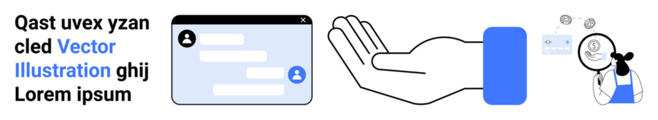 Obraz premium Digital communication, virtual assistance, user interface design, online connectivity, technology collaboration, business tools. Chat interface, hand gesture and virtual assistant. Digital