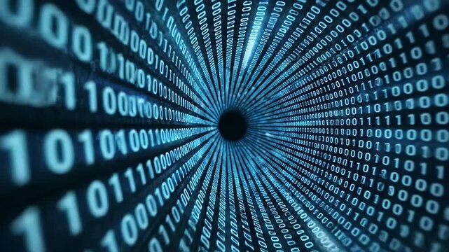 A mesmerizing video tunnel of binary code streaming through a digital vortex