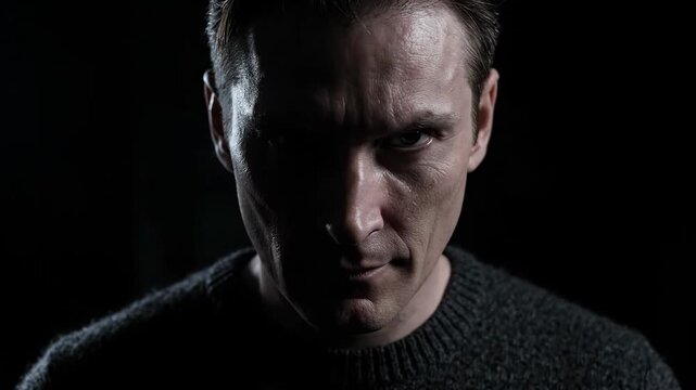 A dramatic close up portrait of a man shrouded in darkness his face partially obscured by shadow conveying intensity and foreboding