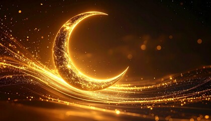 Fototapeta premium Golden Crescent Moon with Sparkling Light Trails