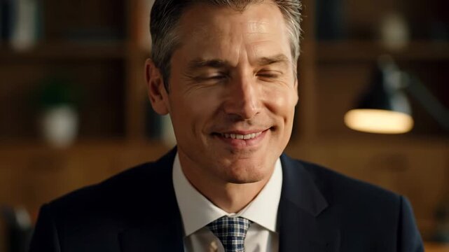 A thoughtful businessman with graying hair and a suit smiles subtly while looking downward perhaps contemplating a decision or recalling a memory