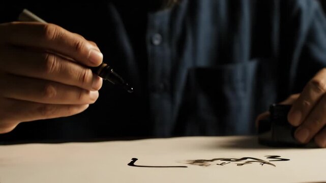 An artist s hands meticulously draw on parchment The focused gaze and deliberate strokes show dedication to craft Soft light highlights the creative process in this intimate studio setting
