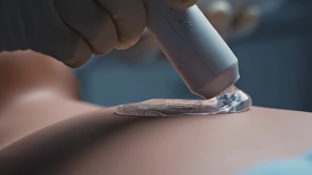 A medical professional uses an ultrasound probe with gel to scan a patient s body The procedure appears to be in a clinical setting focusing on internal imaging