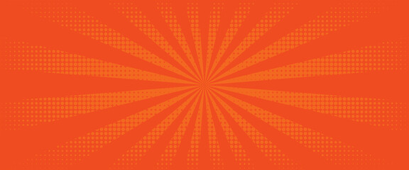 Pop art halftone background. Comic starburst pattern. Orange cartoon print with dots and beams. Superhero wow banner. Vintage duotone texture. Gradient backdrop. Vector illustration. © Ainul