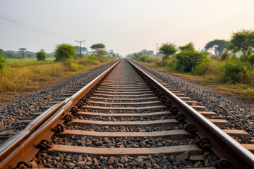 Obraz premium Tranquil countryside railway line winding through verdant trees, power lines hinting at modern connection and timeless journey