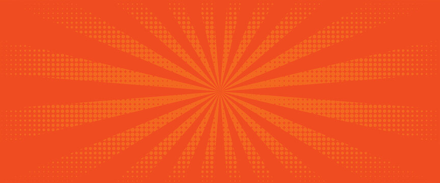 Pop art halftone background. Comic starburst pattern. Orange cartoon print with dots and beams. Superhero wow banner. Vintage duotone texture. Gradient backdrop. Vector illustration.