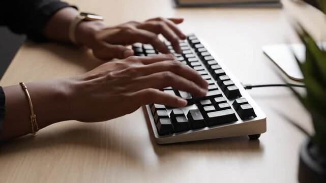 Close up shot of hands typing on a mechanical keyboard The focus is on the fingers and keys suggesting productivity and work