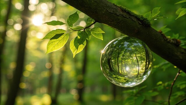 Crystal clear water droplet reflecting a sunlit forest on a tree branch