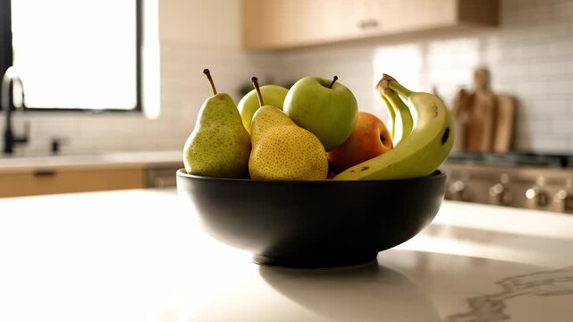 A dark bowl overflows with ripe fruit including bananas lemons apples and pears set against a clean white kitchen counter and modern cabinetry